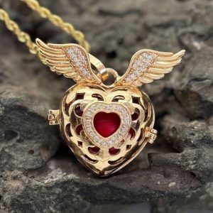 Llamador abundancia y amor supremo dorado con alas de angel y cofre de deseos en forma de corazon